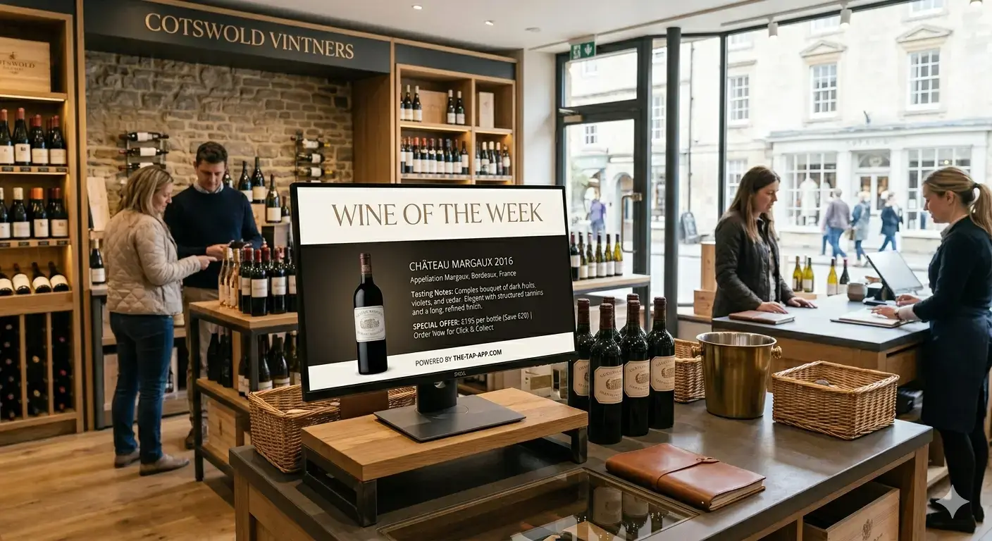 Wine-focused hospitality display for promotions and specials